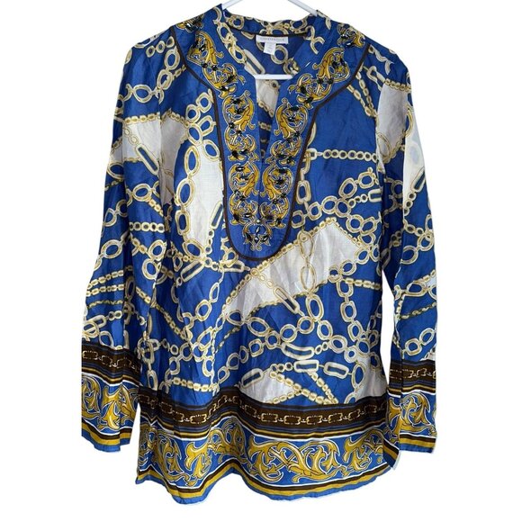 Charter Club Womens Embellished Chain Print Blouse Sz M Blue Gold Equestrian - Picture 1 of 6